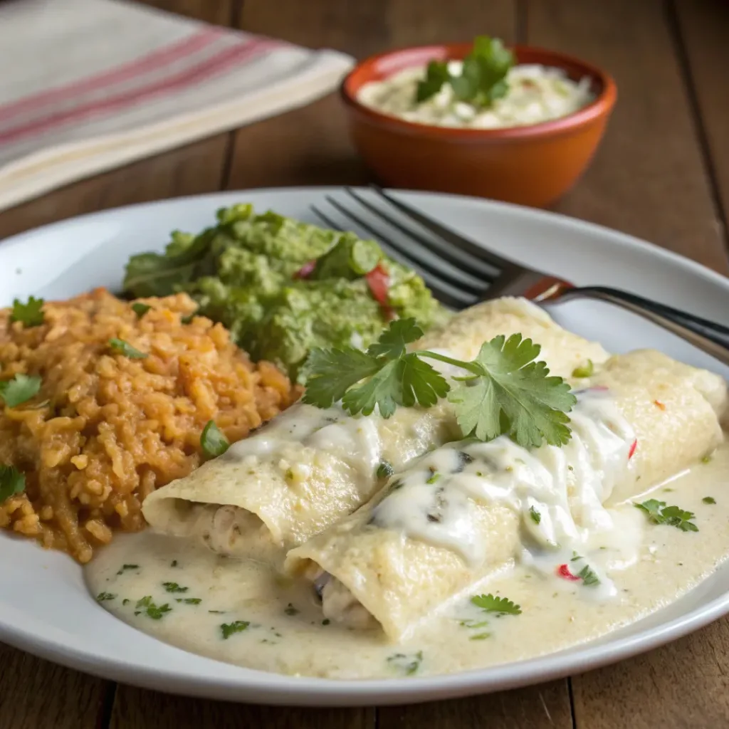 Creamy White Chicken Enchiladas 8 A serving of creamy white chicken enchiladas with Mexican rice and guacamole on a plate