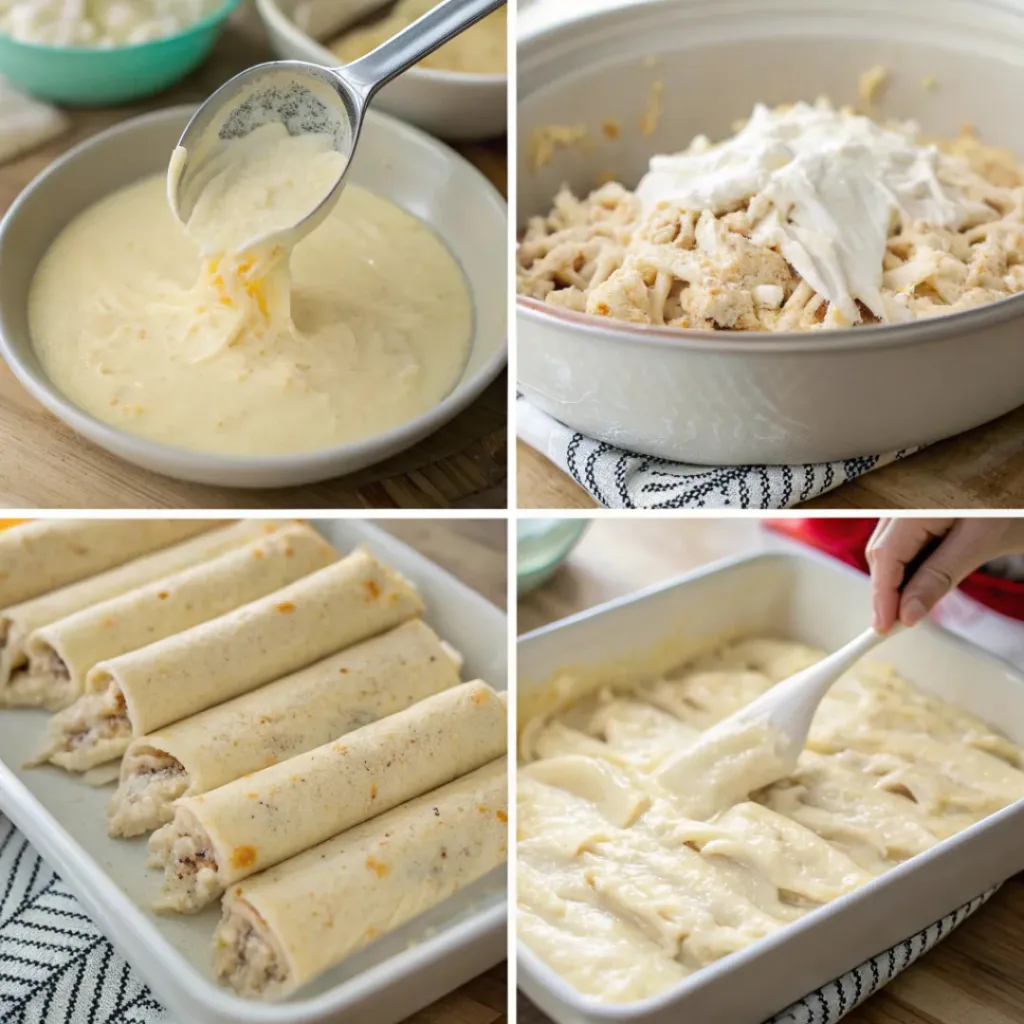 Creamy White Chicken Enchiladas 7 Step-by-step collage showing preparation of creamy white chicken enchiladas
