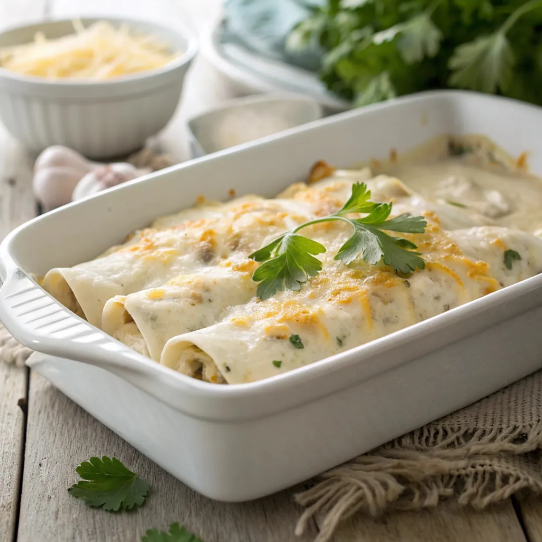 Creamy white chicken enchiladas with melted cheese and cilantro in a ceramic baking dish