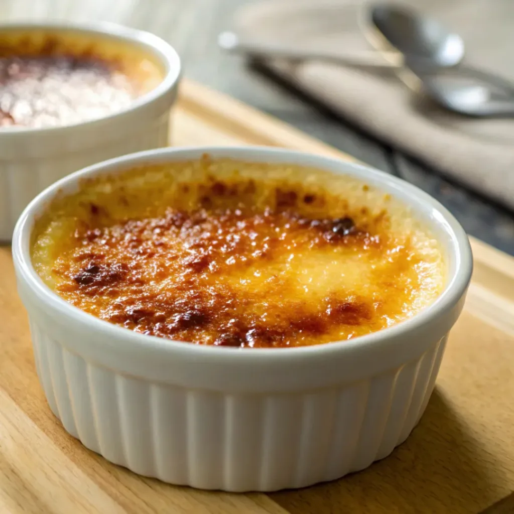 Close-up of Crème Brûlée in ramekin with caramelized top