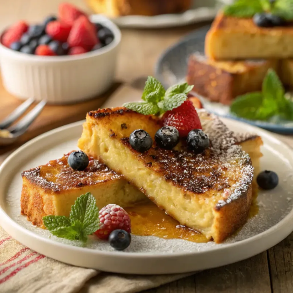 Crème Brûlée French Toast with caramelized sugar and fresh berries
