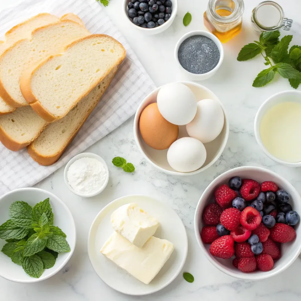 Flat lay of ingredients including bread, eggs, cream, sugar, vanilla, and berries