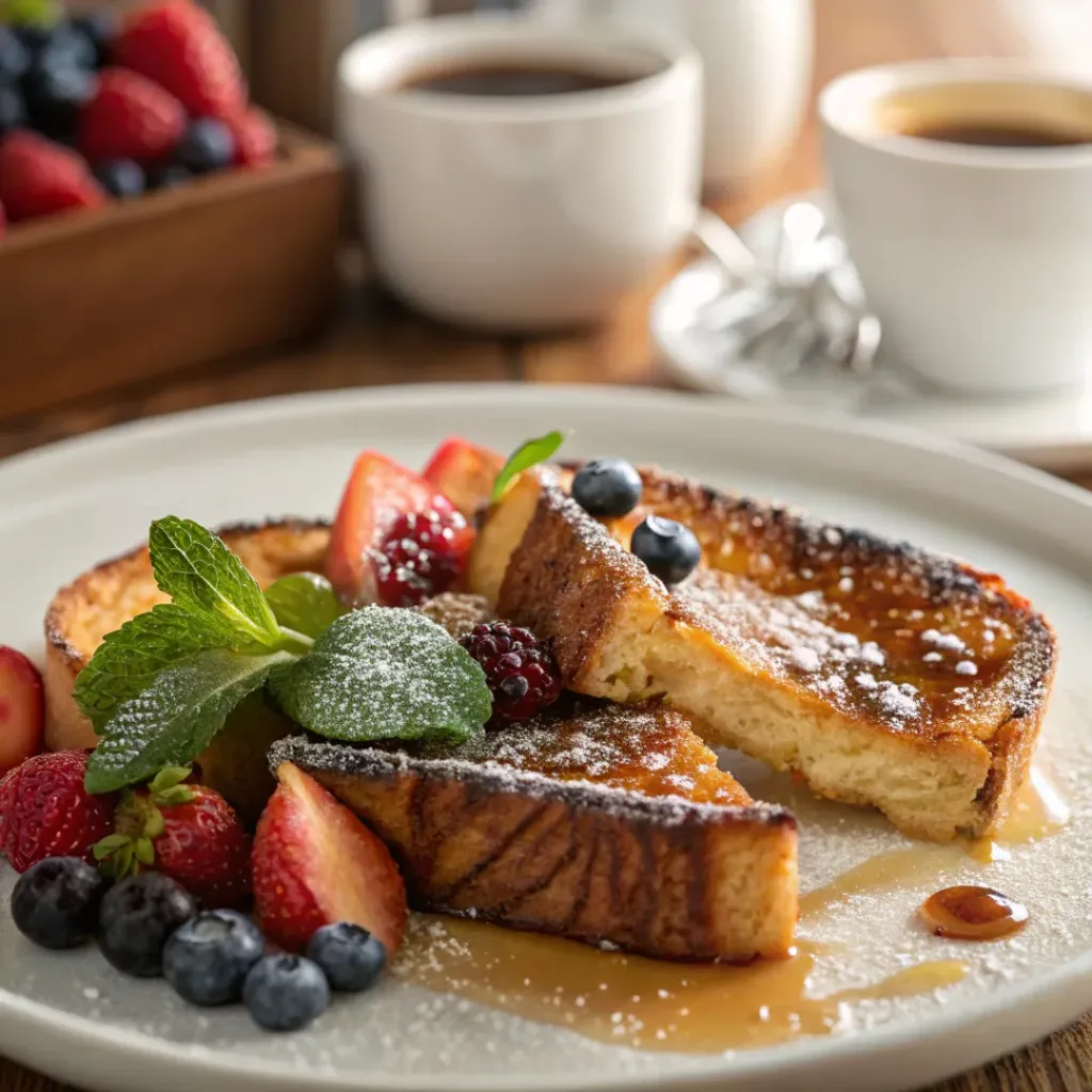 Plated Crème Brûlée French Toast with caramelized sugar and fresh fruit