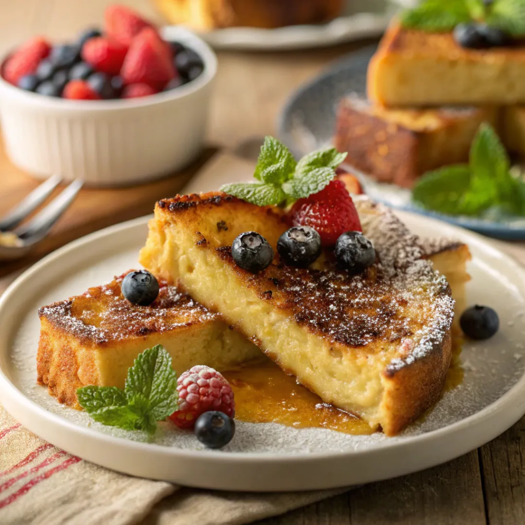 Crème Brûlée French Toast with caramelized sugar and fresh berries