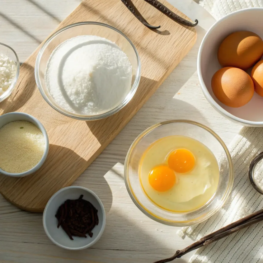 Flat lay of Crème Brûlée ingredients