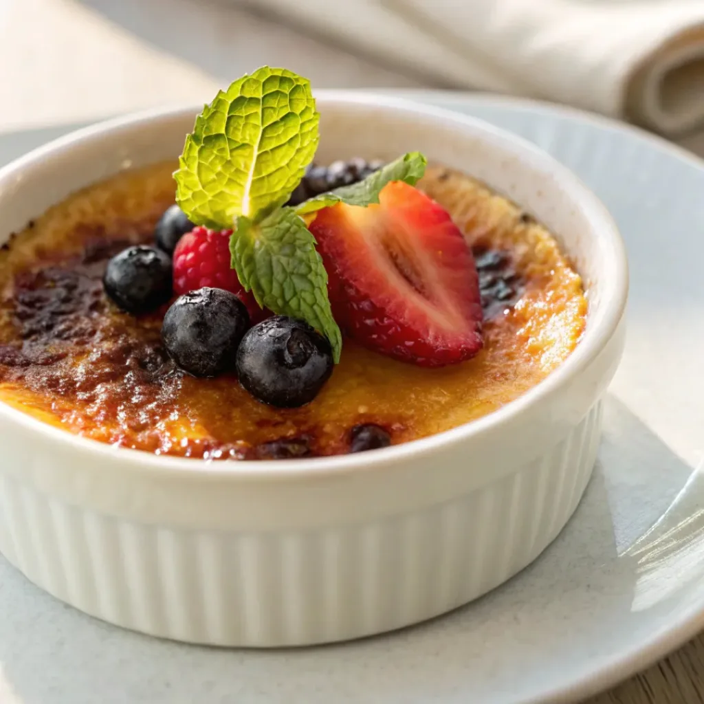 Served Crème Brûlée on plate with berries