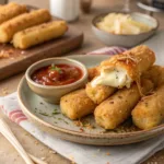 Golden crispy baked mozzarella sticks on a plate with marinara sauce