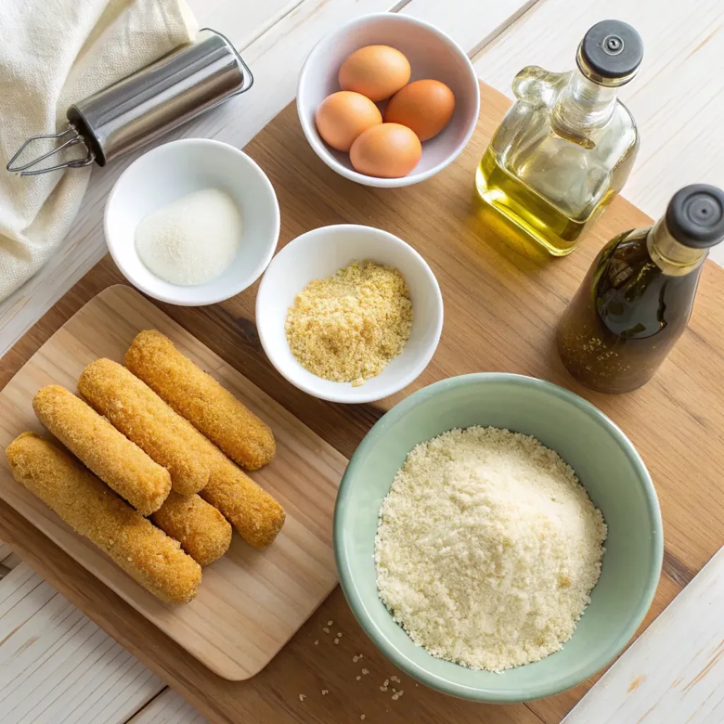 Crispy Baked Mozzarella Sticks 6 Flat lay of ingredients for baked mozzarella sticks including cheese, breadcrumbs, eggs, and flour