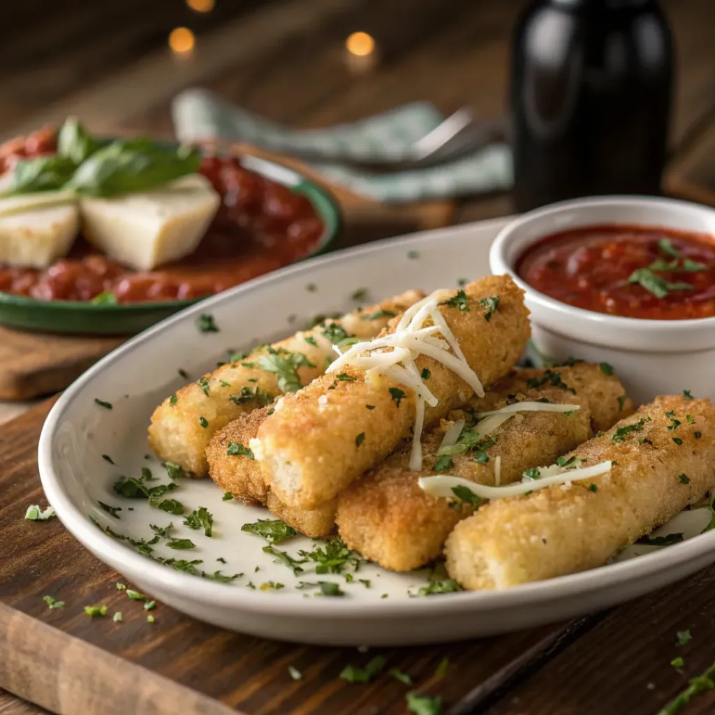 Crispy Baked Mozzarella Sticks 8 Golden baked mozzarella sticks with marinara sauce on a plate, cheese oozing