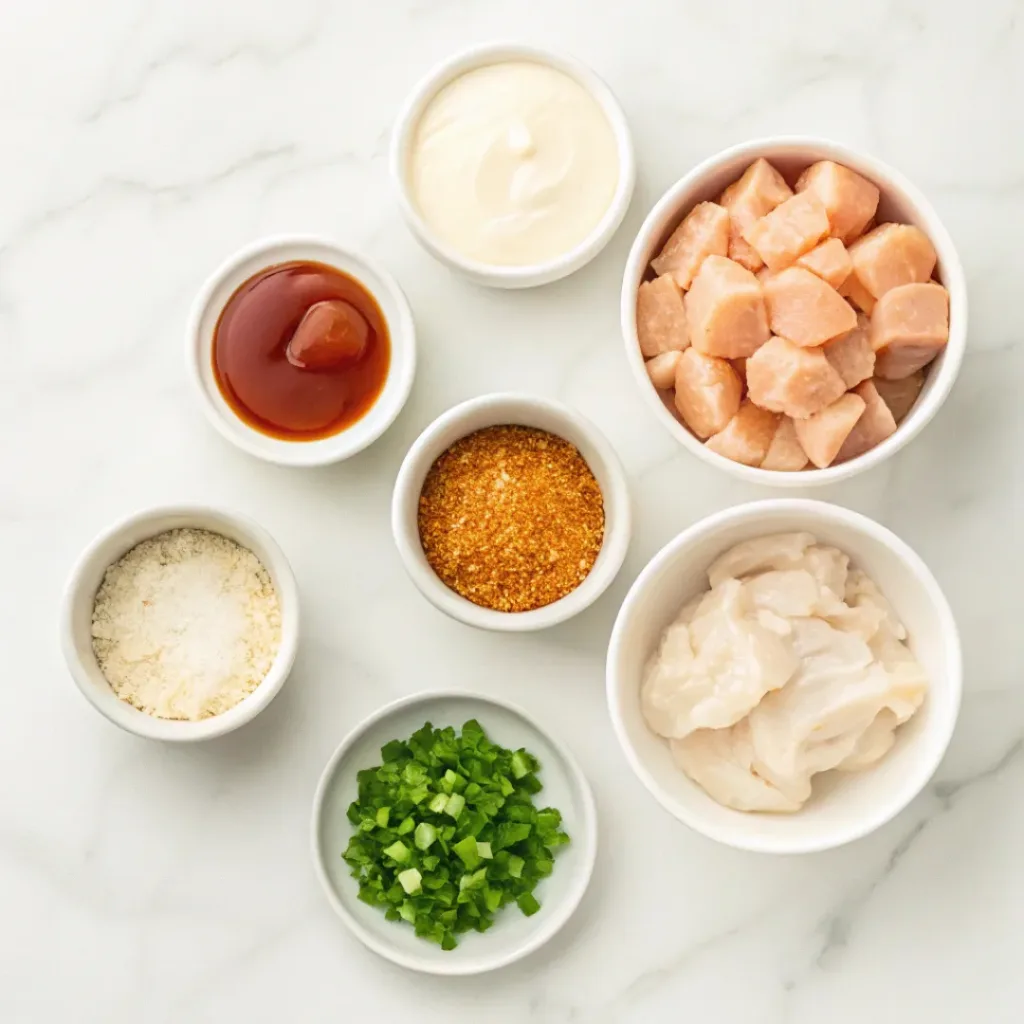 Crispy Bang Bang Chicken Bites 6 Flat lay of ingredients for making Bang Bang Chicken Bites