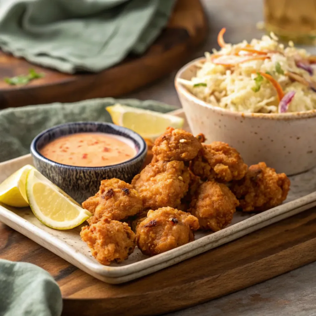 Crispy Bang Bang Chicken Bites 8 Platter of Bang Bang Chicken Bites with coleslaw and dipping sauce