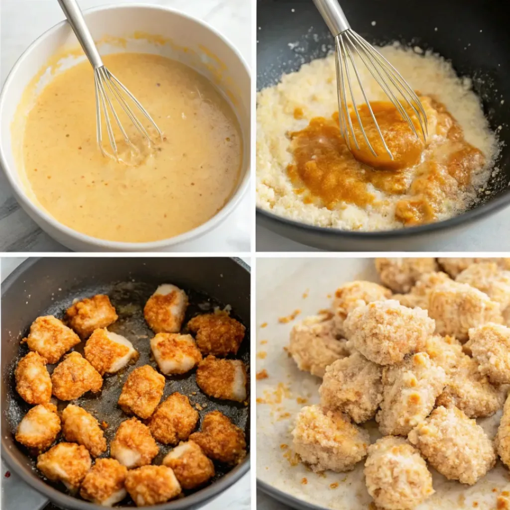 Crispy Bang Bang Chicken Bites 7 Step-by-step collage of coating, frying, and tossing Bang Bang Chicken Bites