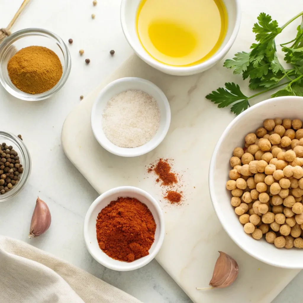 Crispy Roasted Chickpeas – Crunchy, Healthy Snack 6 Flat lay of chickpeas, olive oil, and spices