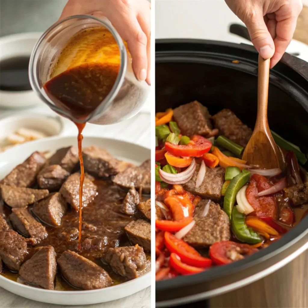 Crock Pot Pepper Steak – Tender, Savory, and Easy 3 Collage showing steps for making Crock Pot Pepper Steak