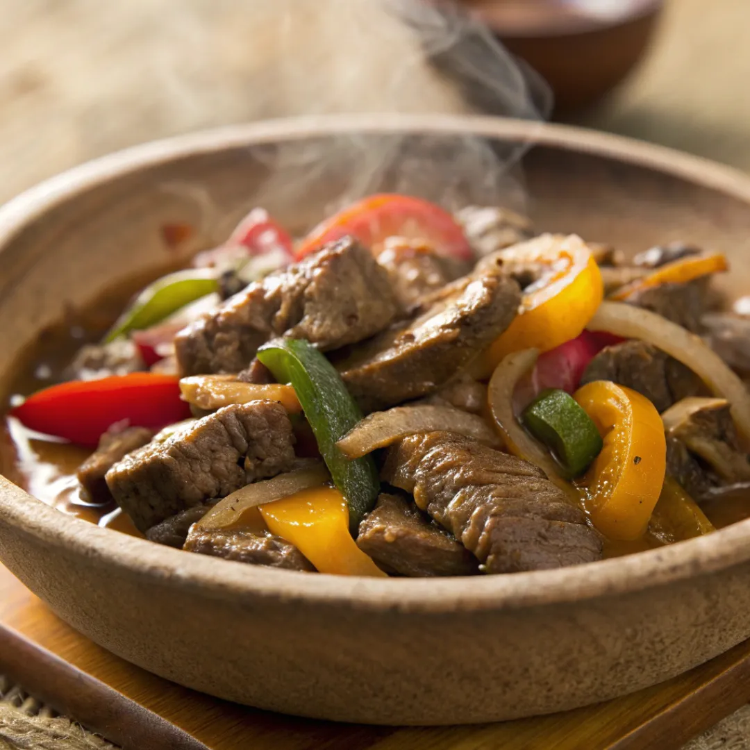 Bowl of Crock Pot Pepper Steak with bell peppers and onions
