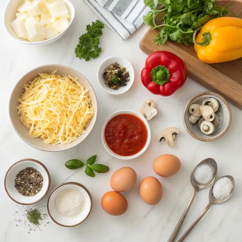 Flat lay of cheese, tomato sauce, eggs, vegetables, and seasonings