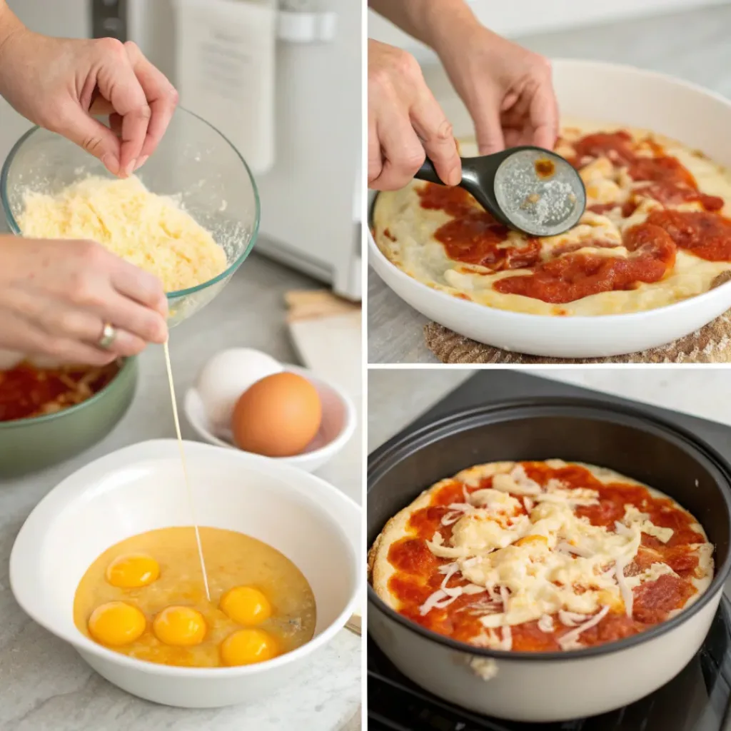 Collage showing steps to make Crockpot Crustless Pizza