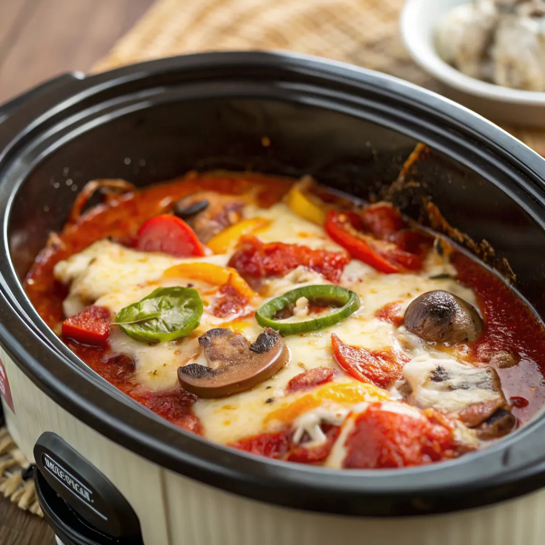 Crockpot filled with cheesy crustless pizza