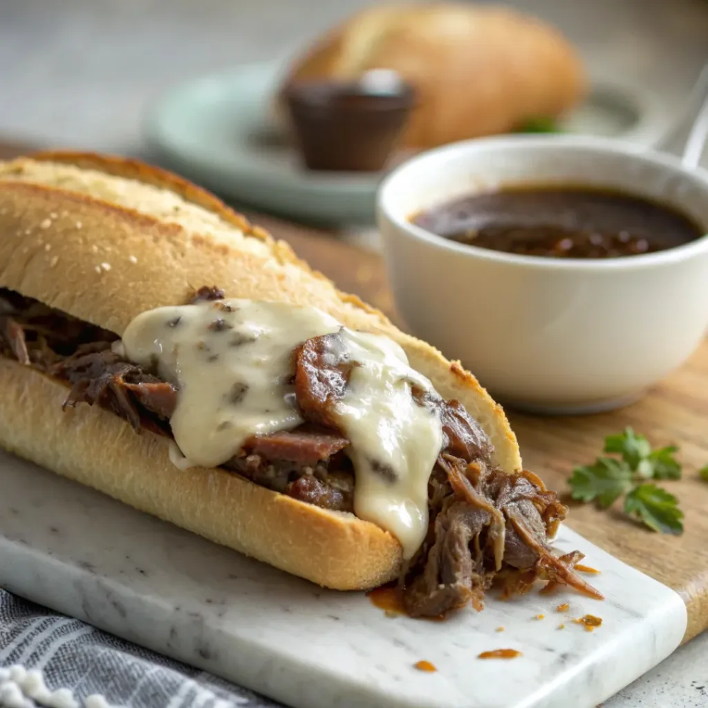 Crockpot French dip sandwich with melted cheese and au jus dipping sauce