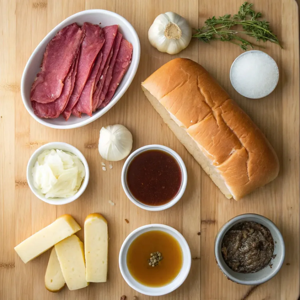 Flat lay of beef, rolls, cheese, and seasonings for French dip sandwiches