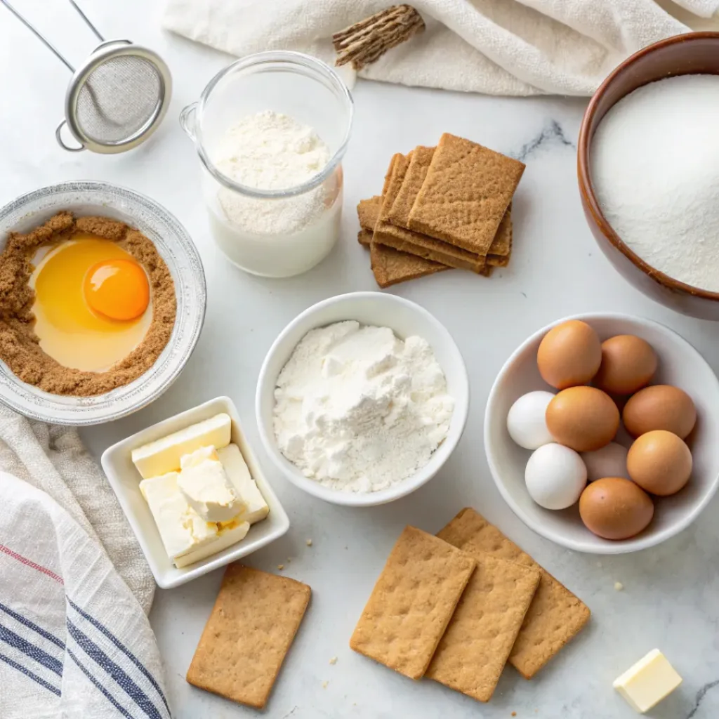 Flat lay of cream cheese, eggs, sugar, eggnog, and crust ingredients