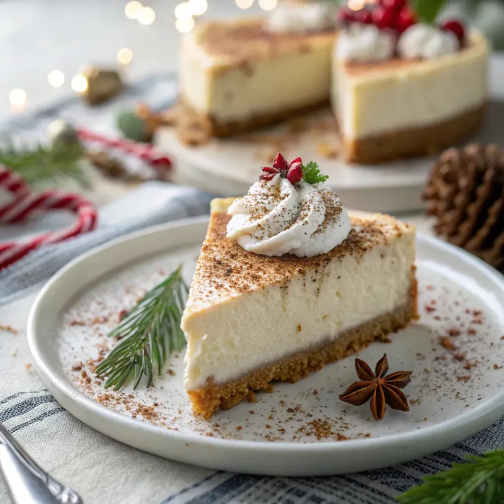 Eggnog cheesecake served with holiday garnish