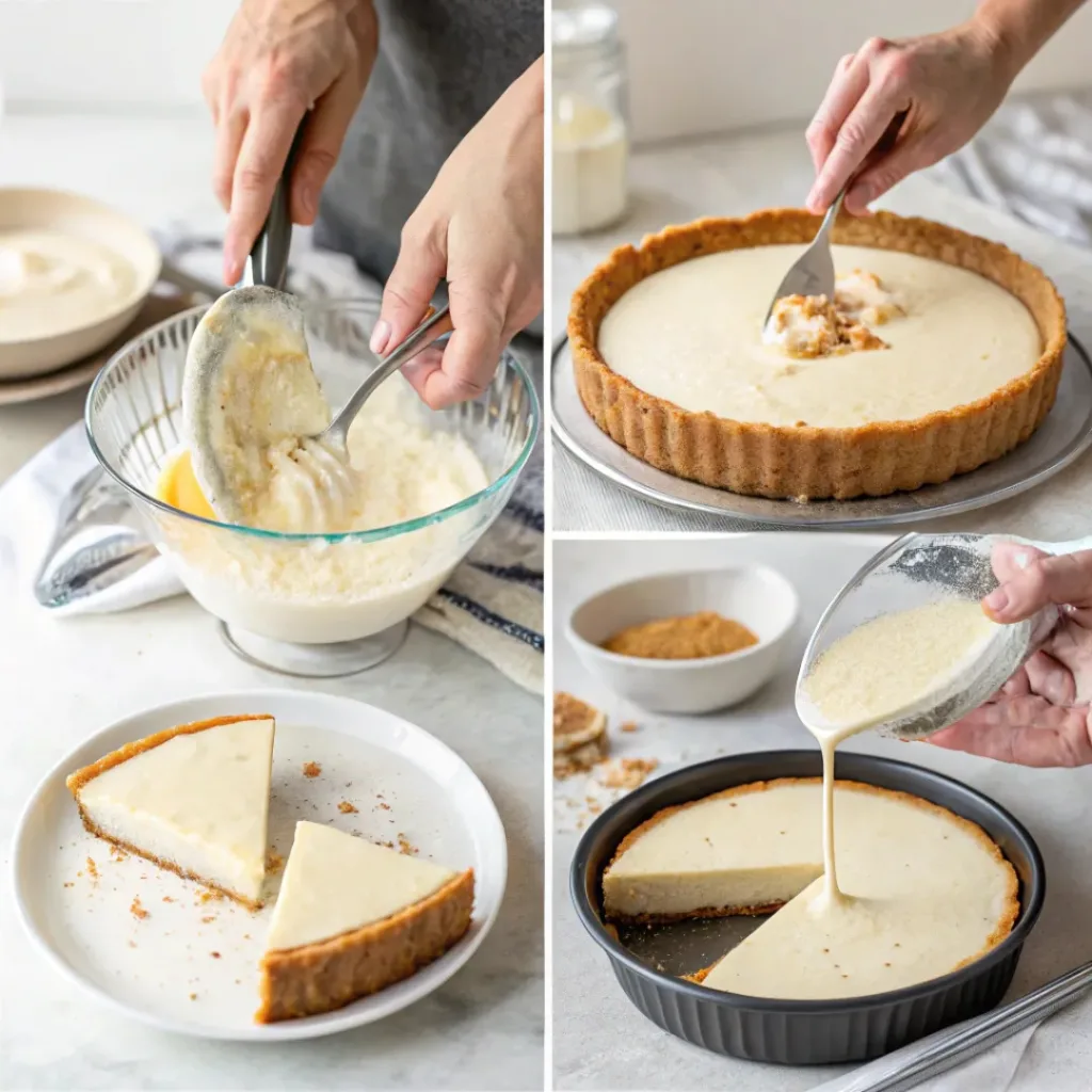Collage showing steps to make Eggnog Cheesecake