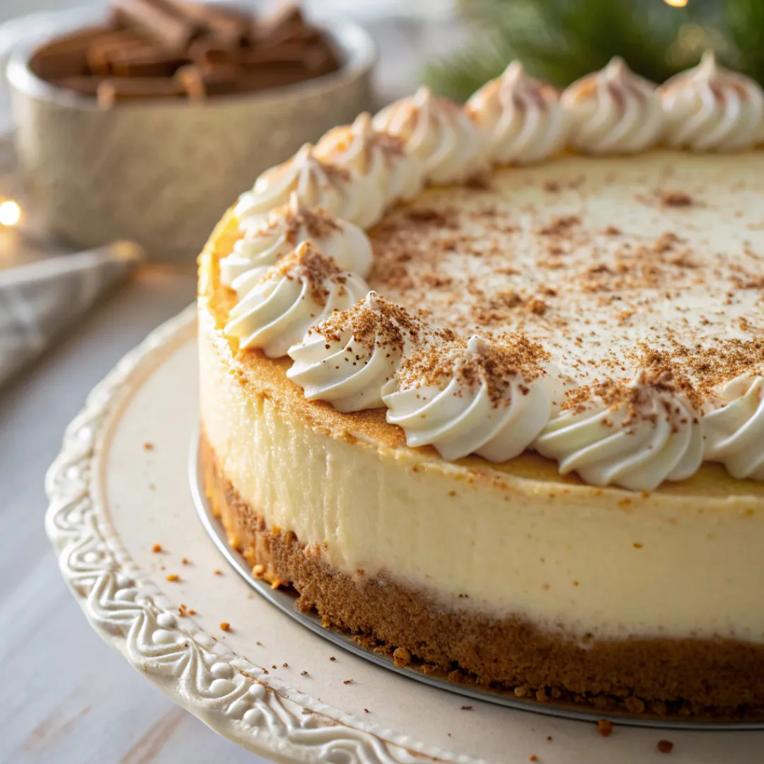 Sliced eggnog cheesecake on a plate with garnish