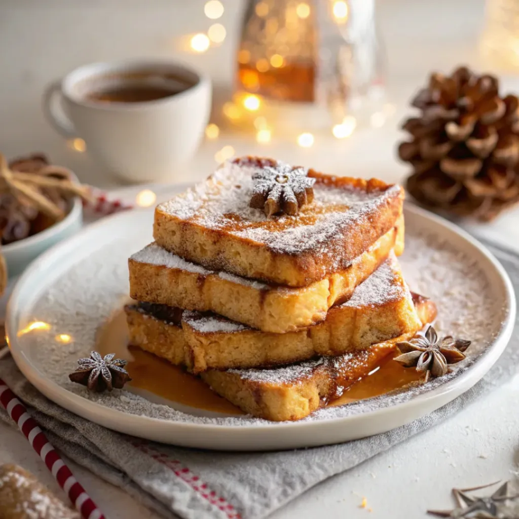 Plate of Eggnog French Toast topped with powdered sugar