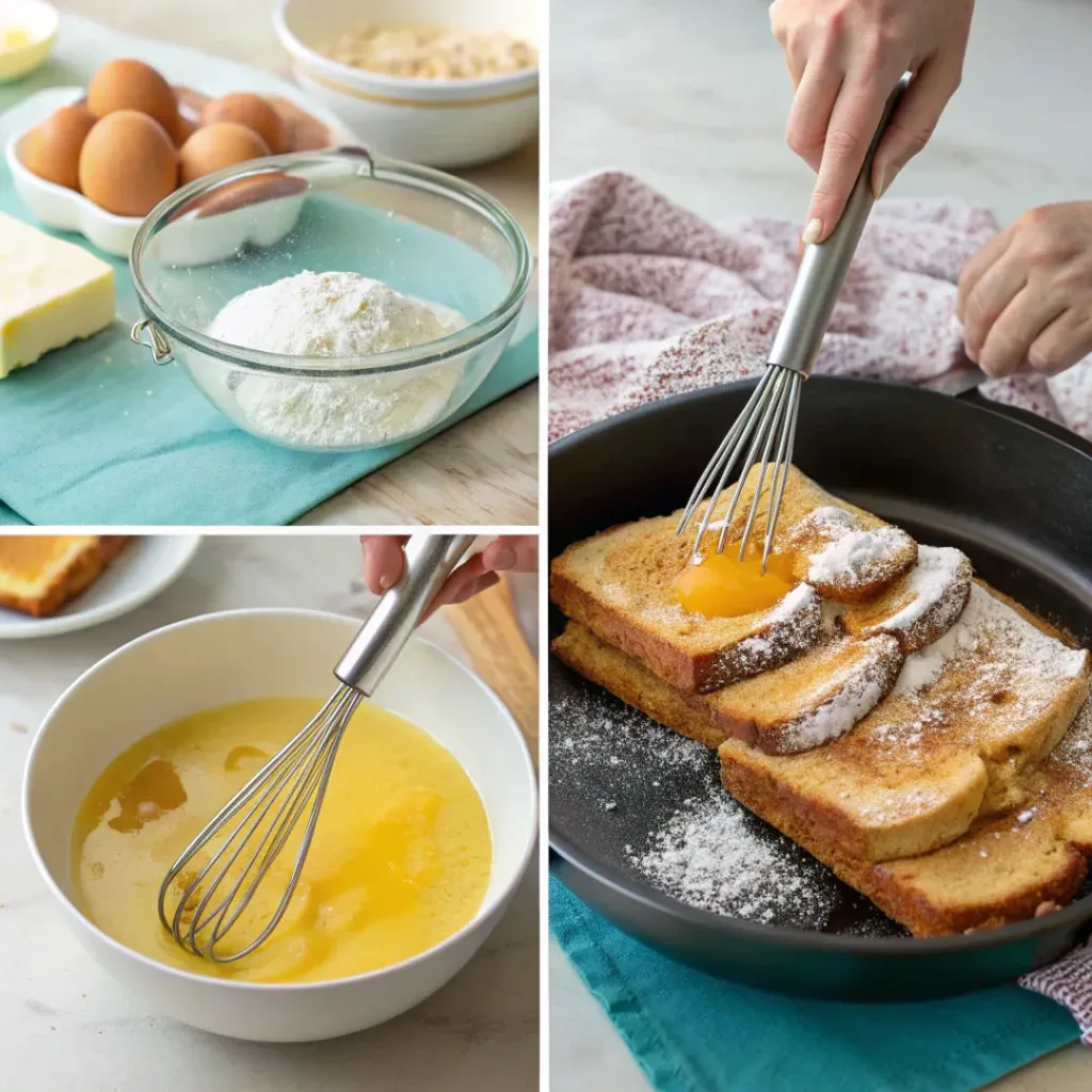 Collage showing steps to make Eggnog French Toast