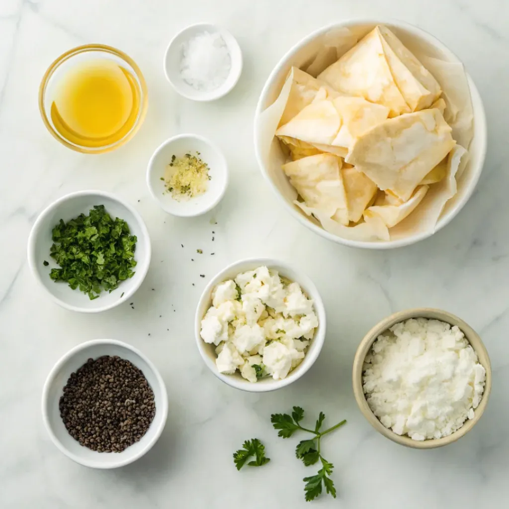 Flat lay of ingredients for feta phyllo bites