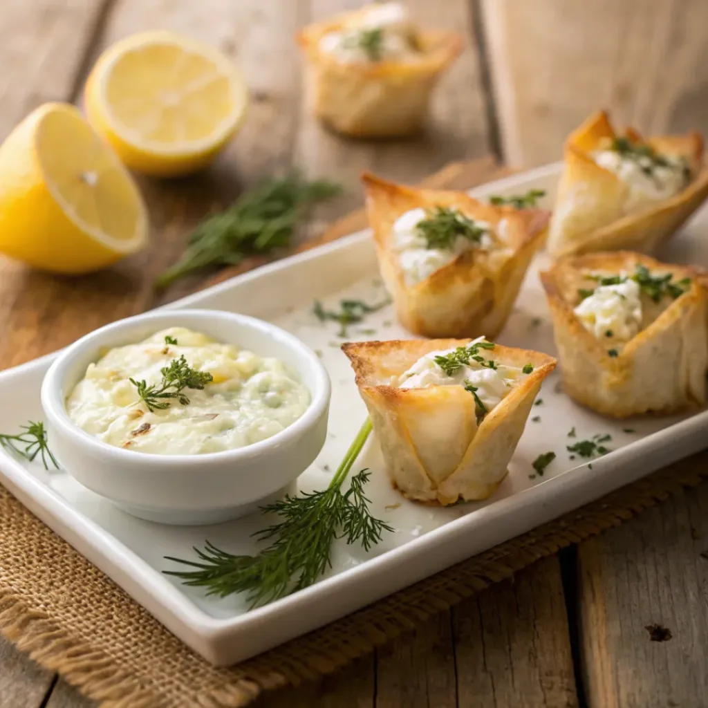 Platter of feta phyllo bites served with honey and herbs