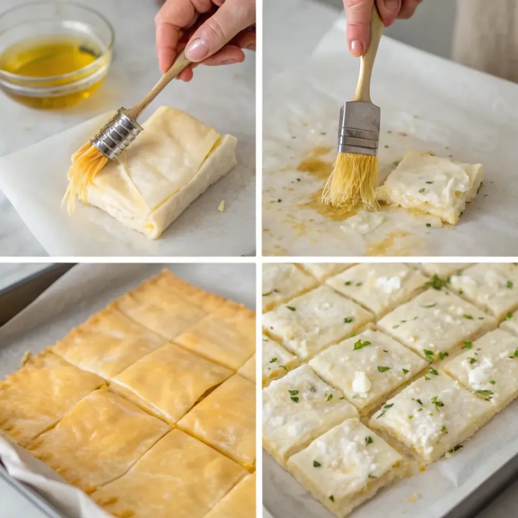 Step-by-step collage showing the process of baking feta phyllo bites