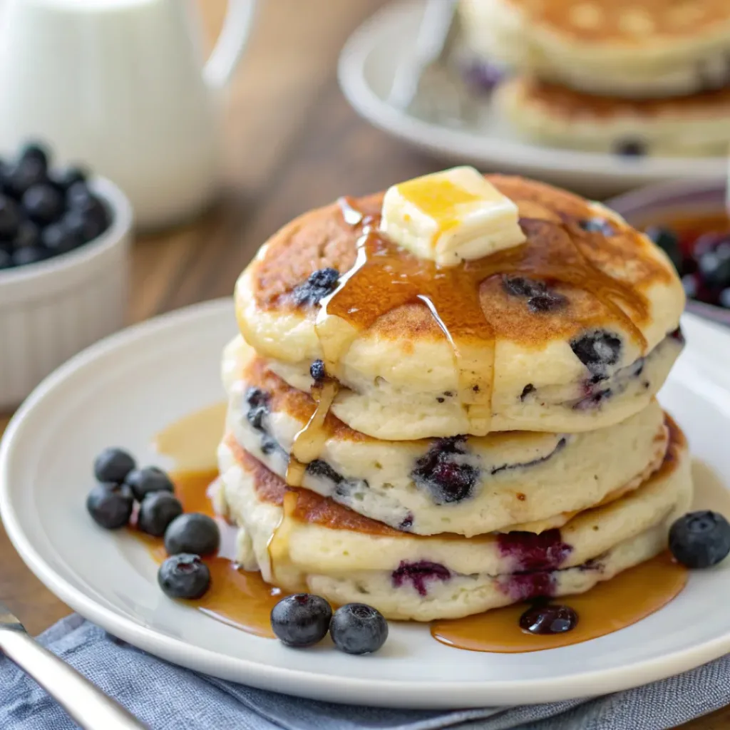 Stack of fluffy blueberry pancakes topped with butter and syrup