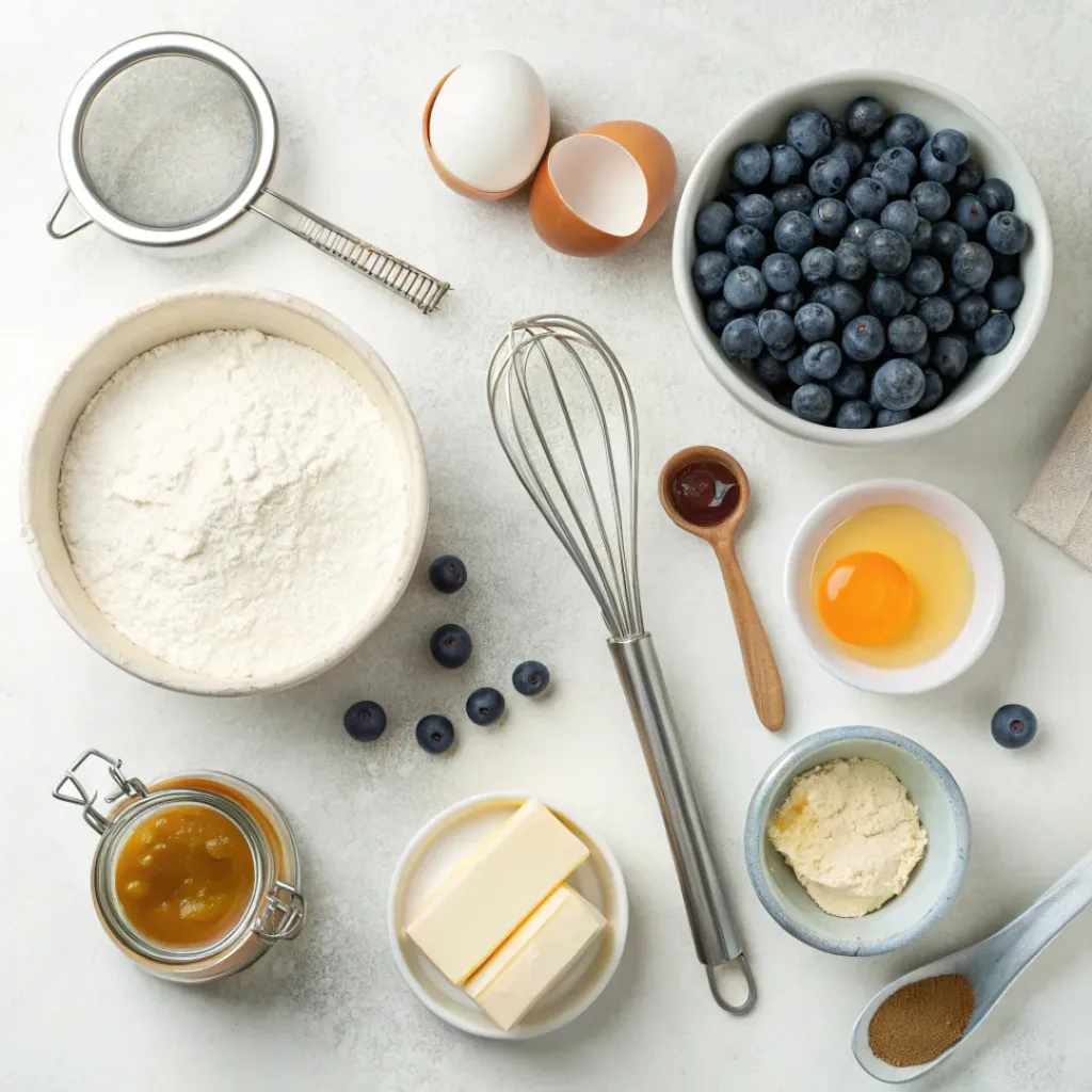 Fluffy Blueberry Pancakes 6 Flat lay of ingredients for Blueberry Pancakes