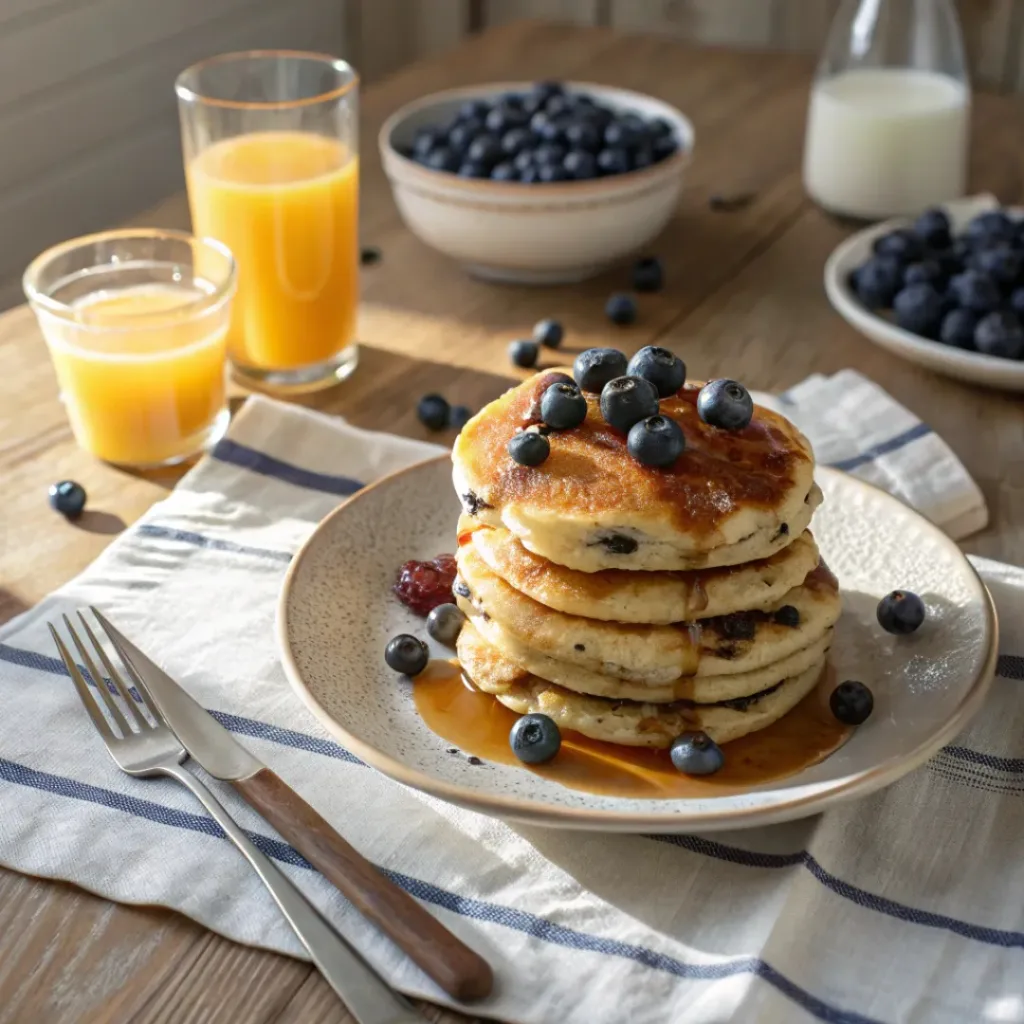Fluffy Blueberry Pancakes 8 Blueberry Pancakes served with orange juice and scrambled eggs