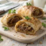 Golden puff pastry sausage rolls filled with beef and caramelized onions