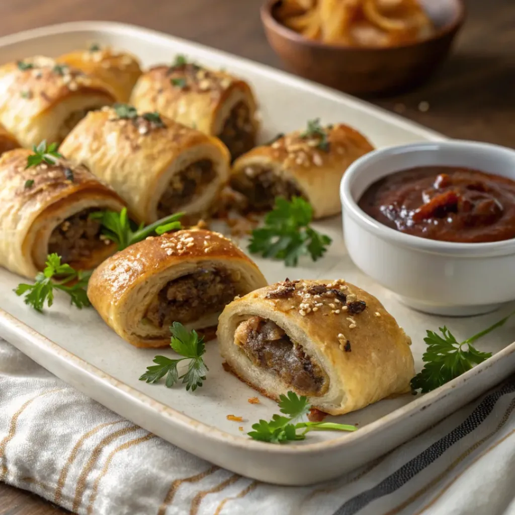 Flaky French Onion Beef Sausage Rolls 8 Flaky baked French Onion Beef Sausage Rolls served with dip