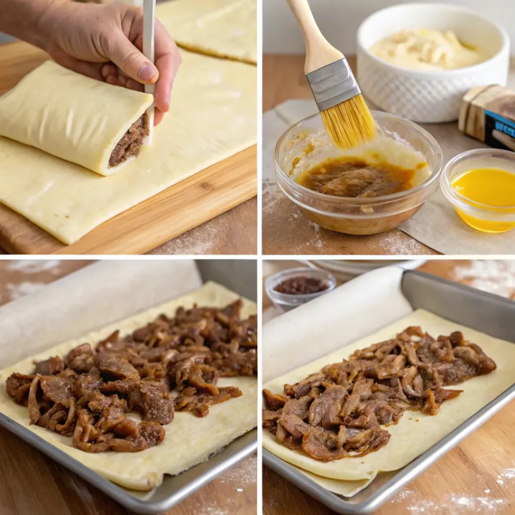 Flaky French Onion Beef Sausage Rolls 7 Step-by-step collage of preparing French Onion Beef Sausage Rolls