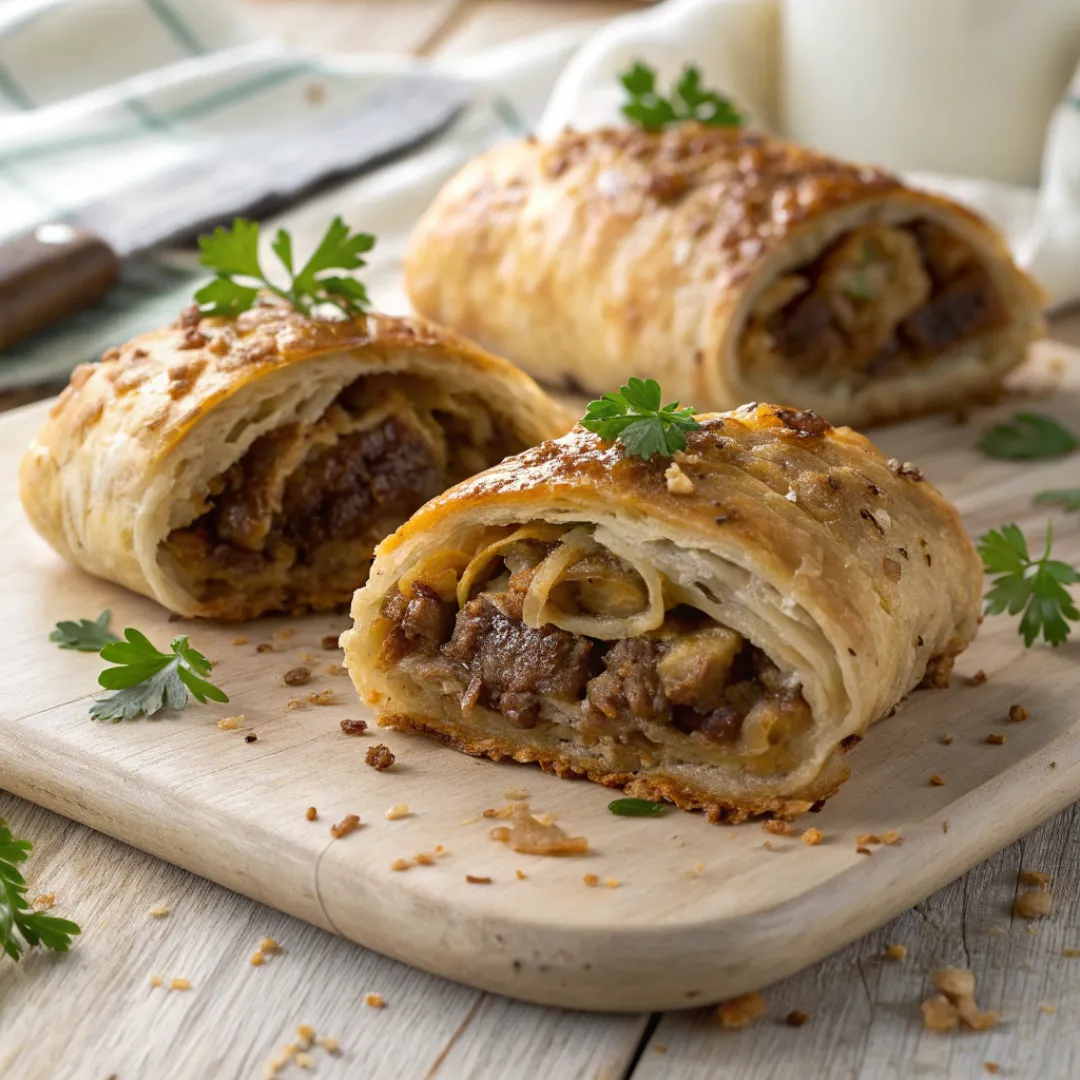 Golden puff pastry sausage rolls filled with beef and caramelized onions