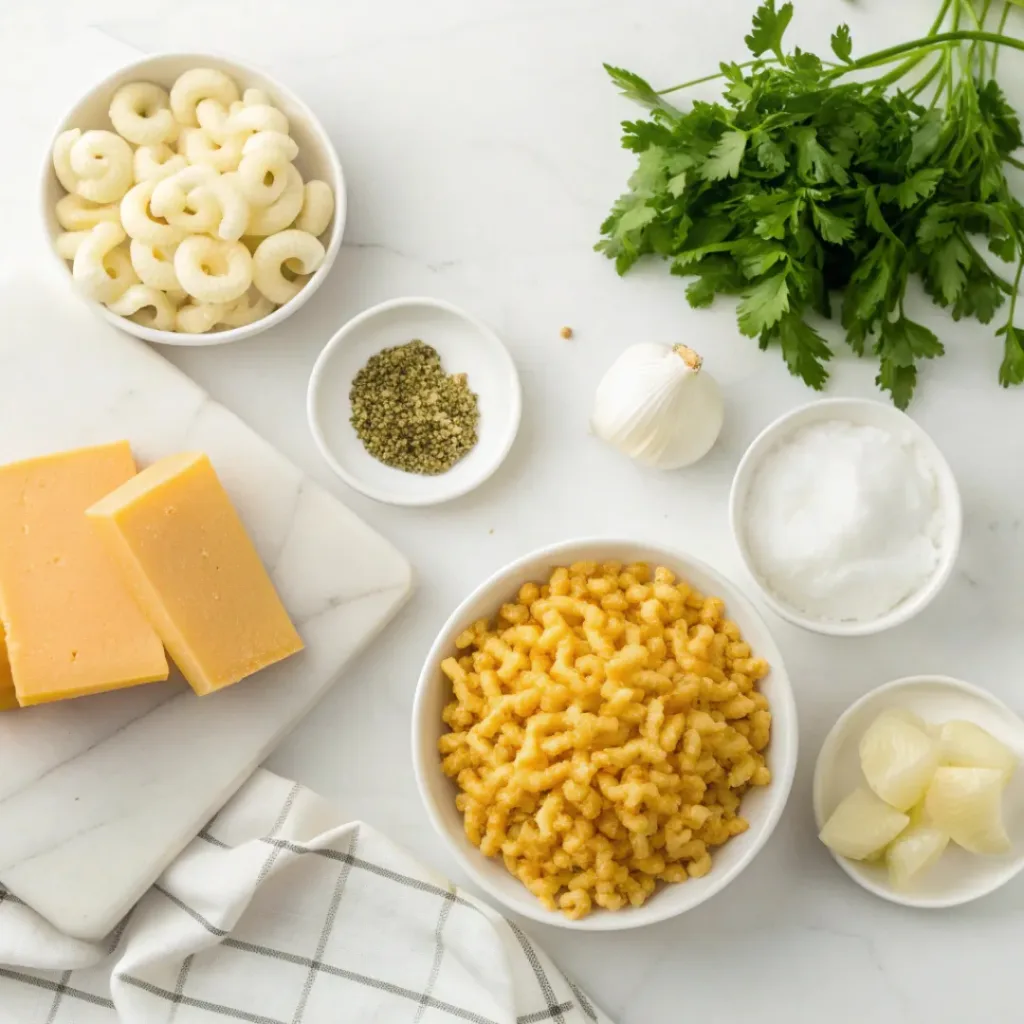 Creamy French Onion Mac and Cheese 6 Fresh ingredients for creamy French Onion Mac and Cheese.