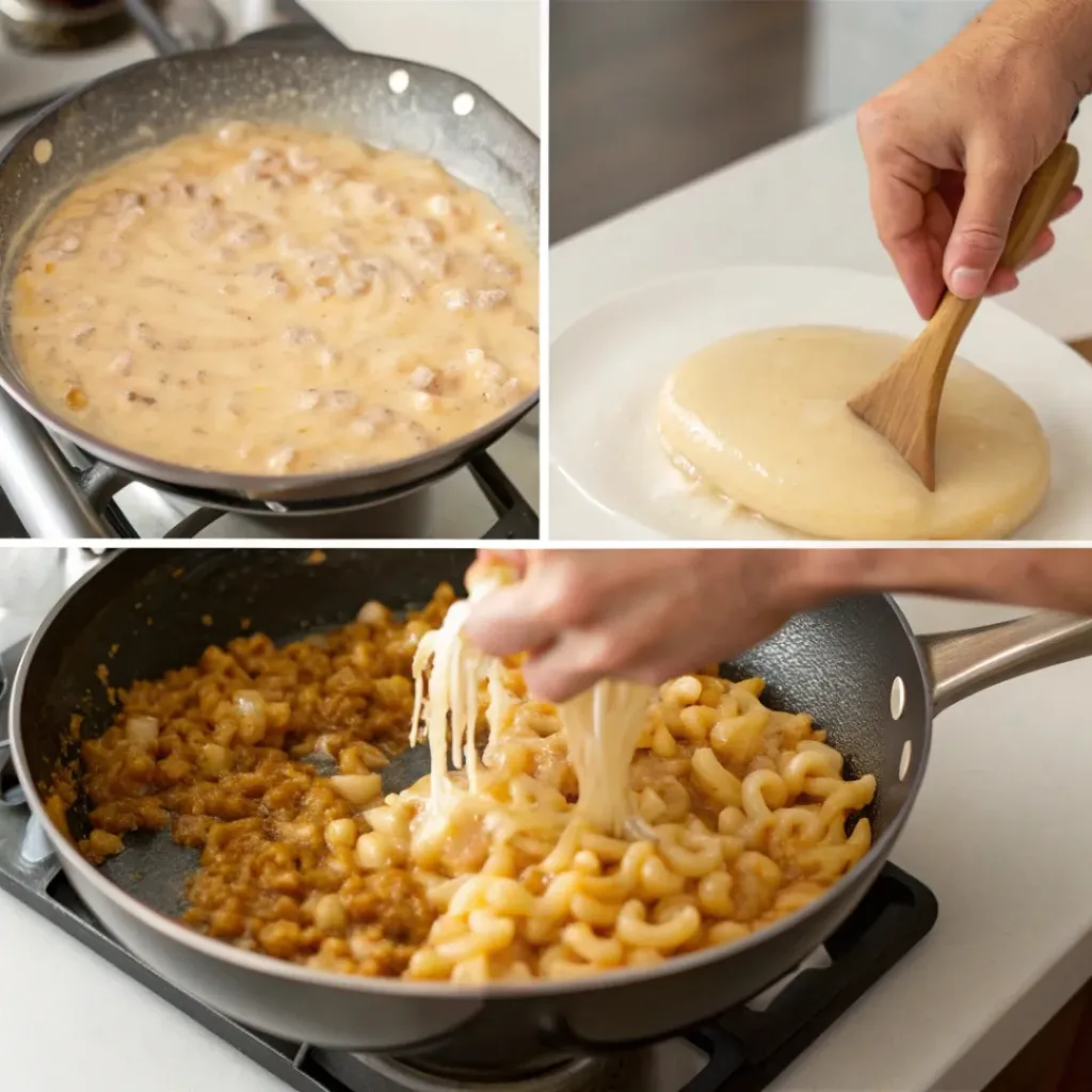 Creamy French Onion Mac and Cheese 7 Collage showing steps to make French Onion Mac & Cheese