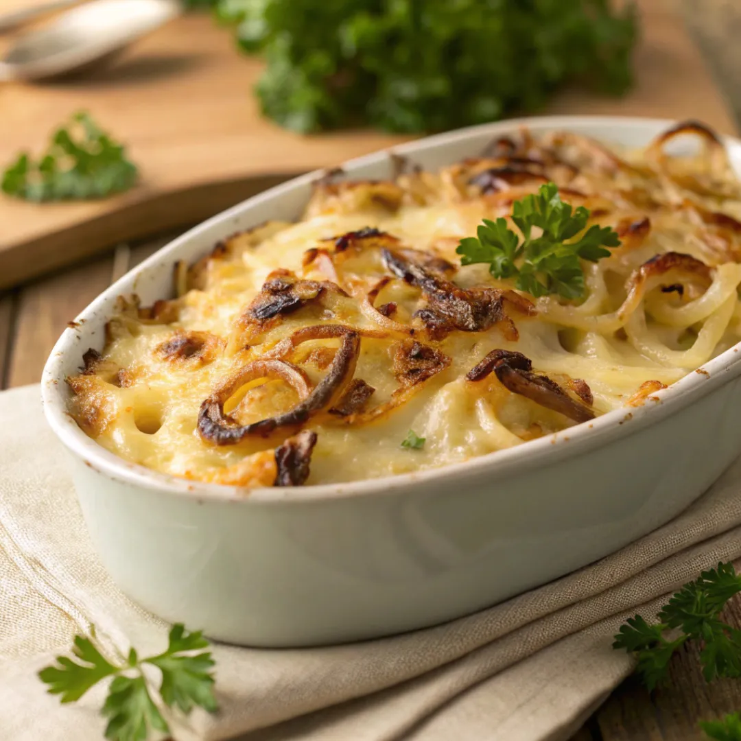 Baked French Onion Mac & Cheese with golden melted cheese and caramelized onions