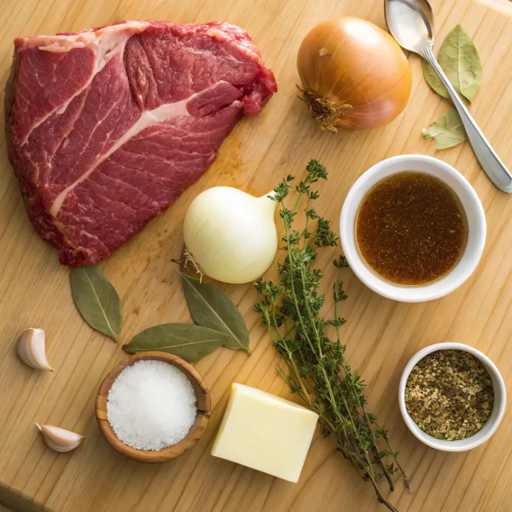 French Onion Pot Roast – Tender & Flavor-Packed Comfort 6 Flat lay of French onion pot roast ingredients including beef, onions, and herbs