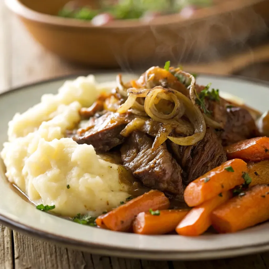 French Onion Pot Roast – Tender & Flavor-Packed Comfort 8 Plated French onion pot roast with caramelized onions, mashed potatoes, and roasted vegetables