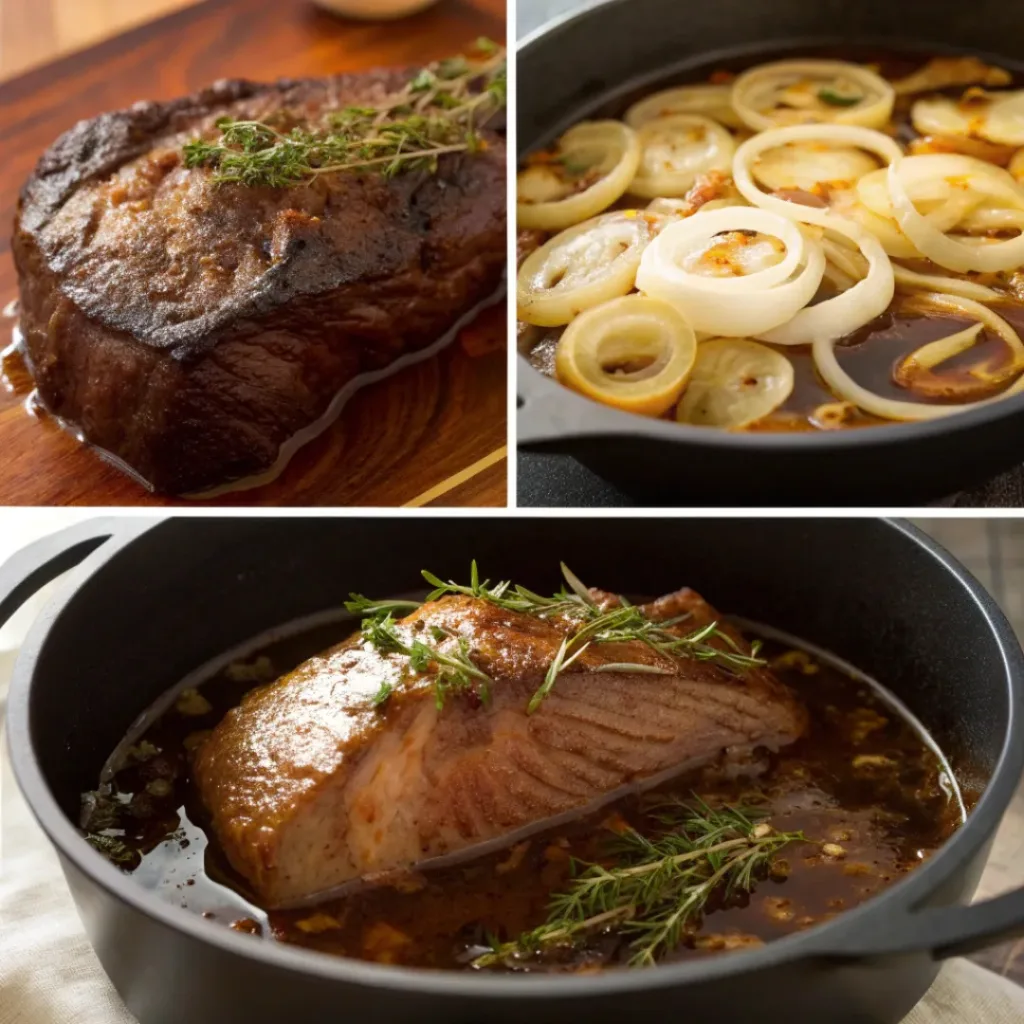French Onion Pot Roast – Tender & Flavor-Packed Comfort 7 Step-by-step collage showing preparation of French onion pot roast