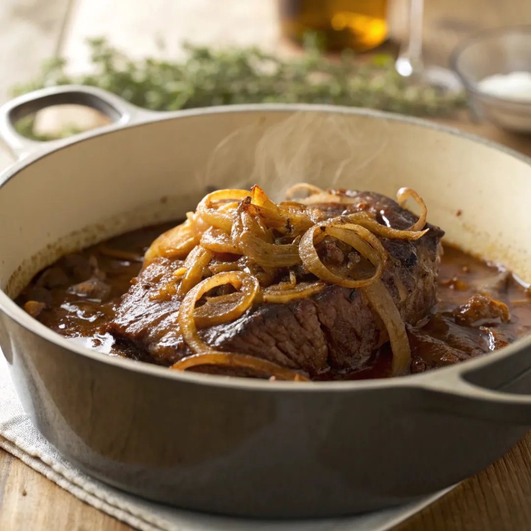 French onion pot roast in a Dutch oven topped with caramelized onions