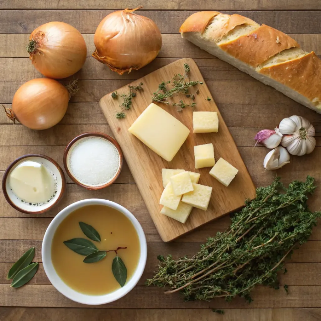 Authentic French Onion Soup Recipe 6 Flat lay of ingredients for French onion soup