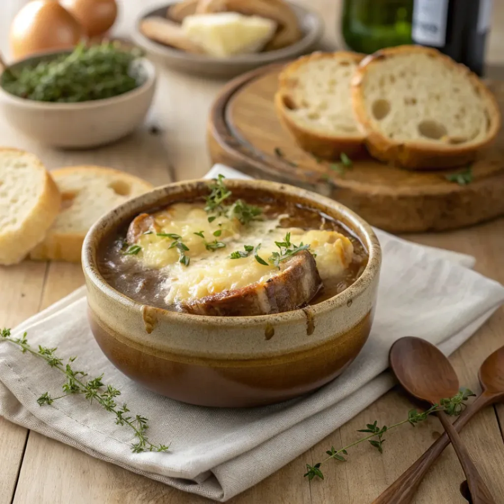 Authentic French Onion Soup Recipe 8 Bowl of French Onion Soup with melted cheese and fresh thyme