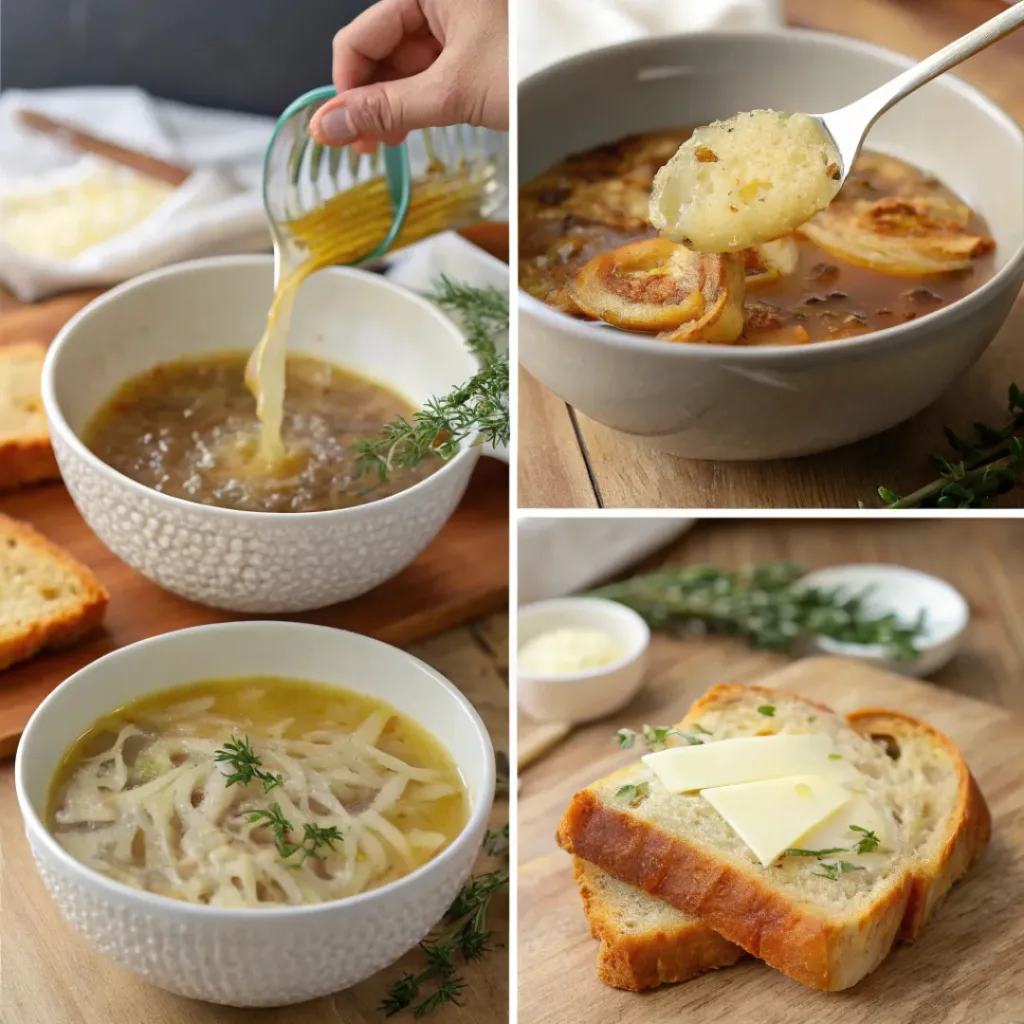 Authentic French Onion Soup Recipe 7 Step-by-step collage showing preparation of French Onion Soup